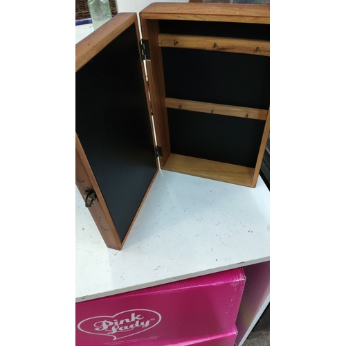 41 - Wooden wall-mounted key cabinet, glass-fronted door displaying dimensional farmyard collage with roo... 