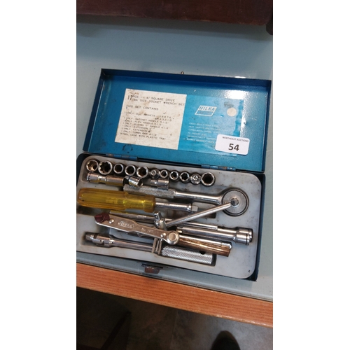 54 - Hilka metal-cased 17-piece 1⁄4-inch square-drive socket wrench set with ratchet handle, extensions, ... 