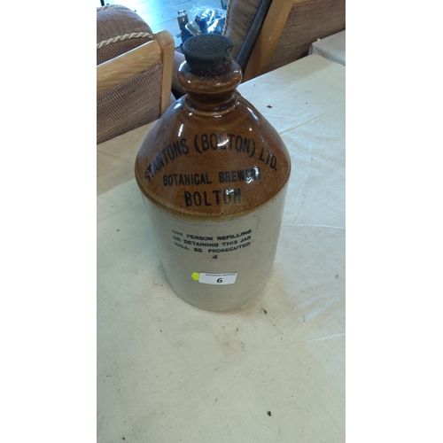 6 - Two-tone salt-glazed stoneware flagon advertising “Stantons (Bolton) Ltd, Botanical Brewers, Bolton”... 