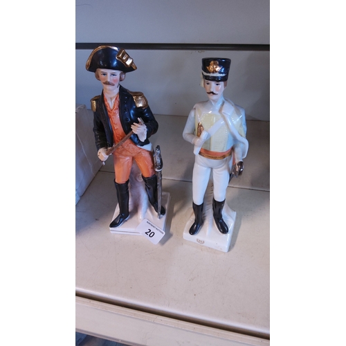 20 - Pair of glazed ceramic military figures, modelled as moustached officers with swords, in polychrome ... 