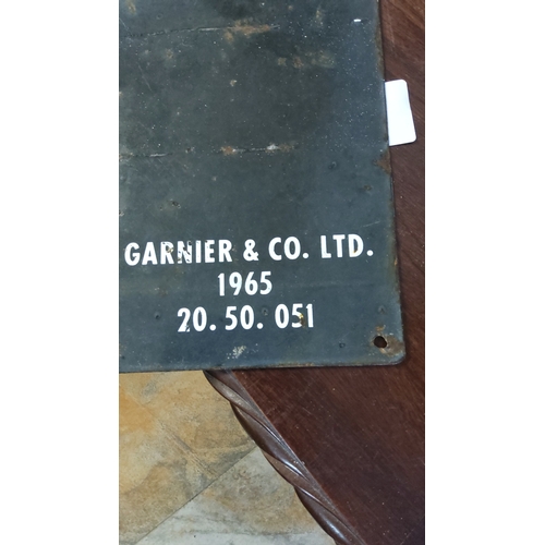 23 - Vintage 1965 enamel sign “CYCLES MAY BE STORED HERE ONLY AT OWNER’S RISK”, the reverse“GARNIER & CO.... 
