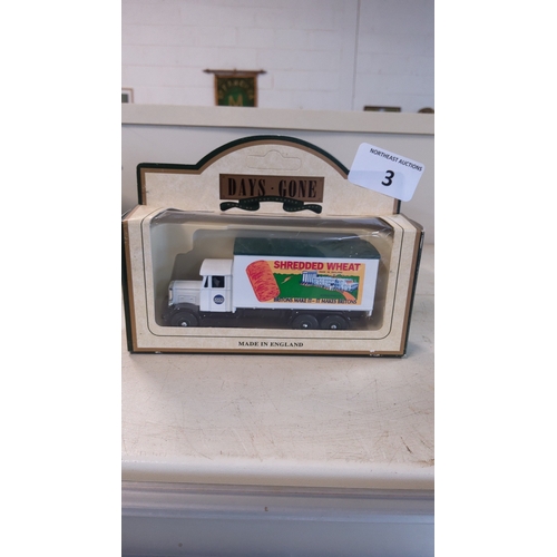 3 - A Days Gone die-cast model lorry, white cab with boxed trailer in “Shredded Wheat” livery, in the or... 