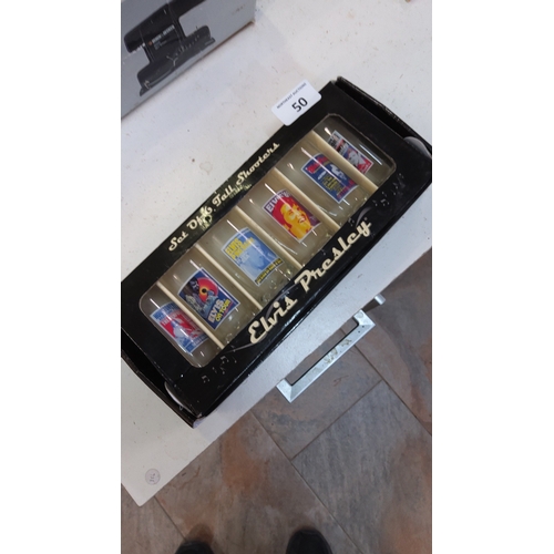 50 - Set of six Elvis Presley themed tall shot glasses, each printed with concert-style poster designs, p... 