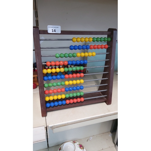 14 - A large wooden-framed abacus, fitted with ten metal rods strung with polychrome spherical counters, ... 