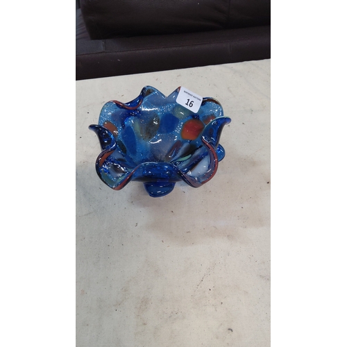 16 - A hand-blown art glass bowl with deeply ruffled rim, in cobalt blue with controlled-bubble inclusion... 