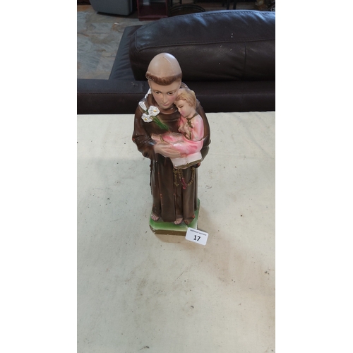 17 - A painted devotional figure of Saint Anthony of Padua holding the Christ Child, with lilies, rosary ... 