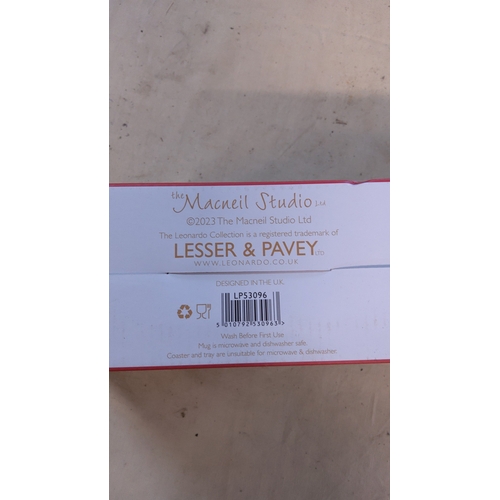 26 - Five-piece gift set comprising two ceramic mugs, two coasters and a rectangular tray, decorated with... 