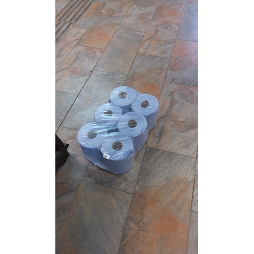 47 - Set of 6 blue paper towel rolls, shrink-wrapped as a multipack, each roll with cardboard core.