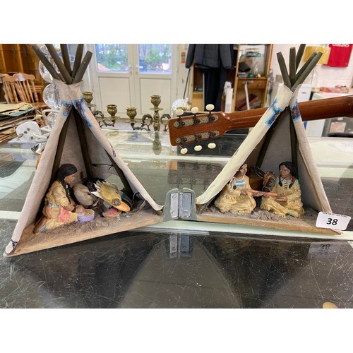 38 - A decorative model of a Native American encampment, formed as canvas-covered hinged teepee with pain... 