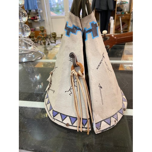 38 - A decorative model of a Native American encampment, formed as canvas-covered hinged teepee with pain... 