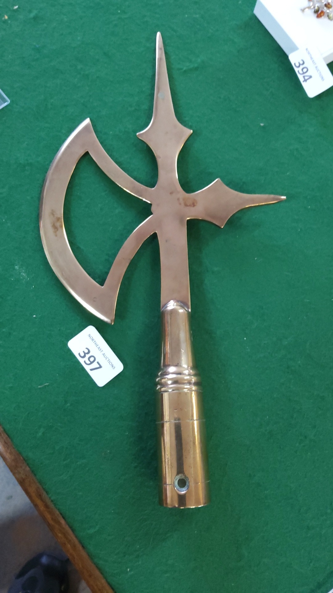 An antique bronze halbert with crescent axe blade
