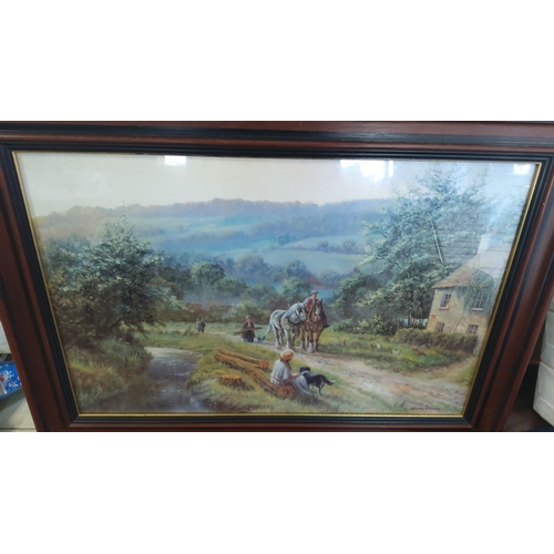 1 - Spencer Coleman print—rural landscape with cottage, figures and a horse-drawn cart on a lane, with d... 