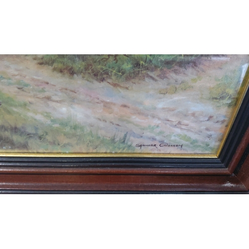 1 - Spencer Coleman print—rural landscape with cottage, figures and a horse-drawn cart on a lane, with d... 