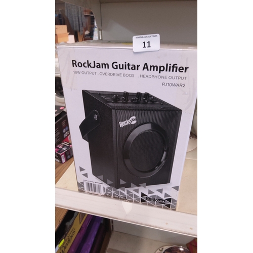11 - RockJam RJ10WAR2 practice guitar amplifier—10W output with overdrive boost and headphone output.