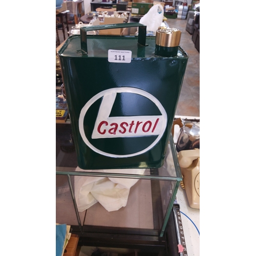 111 - Castrol advertising oil can in green painted metal, rectangular section with carrying handle, the fr... 