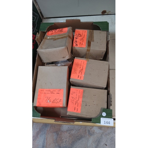 144 - A quantity of boxed engineering screws etc including bolts, setscrews, screws, nuts and studs, in or... 