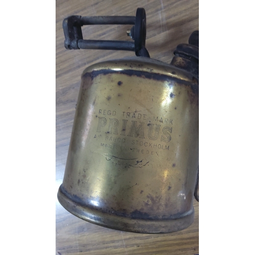 157 - Primus brass pressure blowtorch, Stockholm, made in Sweden—of cylindrical tank form with top-mounted... 
