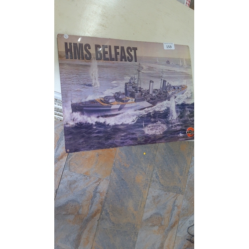 159 - Airfix ‘HMS Belfast’ printed advertising tin sign—depicting the Royal Navy cruiser under fire at sea... 