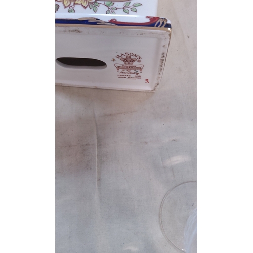 163 - Mason’s ironstone mantel clock in the “Mandalay” pattern, printed and hand-painted with scrolling fo... 