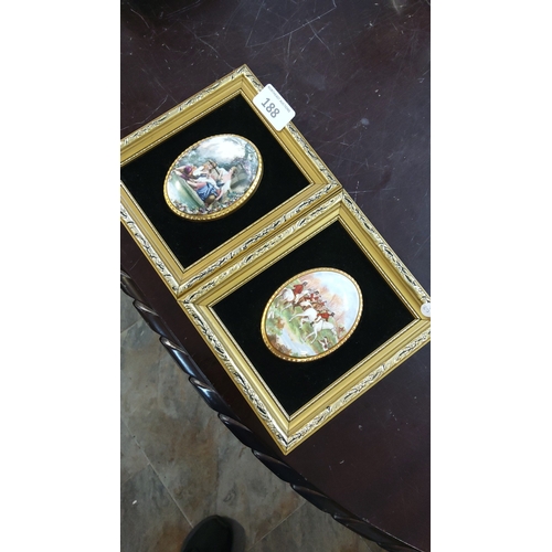 188 - A pair of framed oval porcelain plaques, hand-painted with pastoral and equestrian scenes, each set ... 
