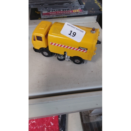 19 - Corgi die-cast model of a Faun airport sweeper truck, yellow body with red-and-white striped livery,... 