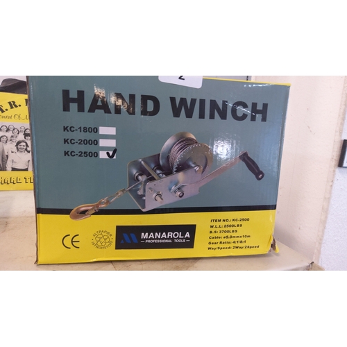 2 - Manarola Professional Tools hand winch, model KC-2500, boxed; illustrated with crank handle and wire... 