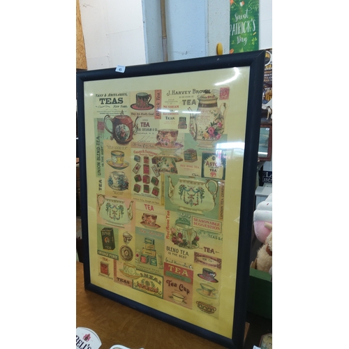 45 - Framed colour lithographic collage poster of tea trade labels and packaging, with teaware vignettes ... 