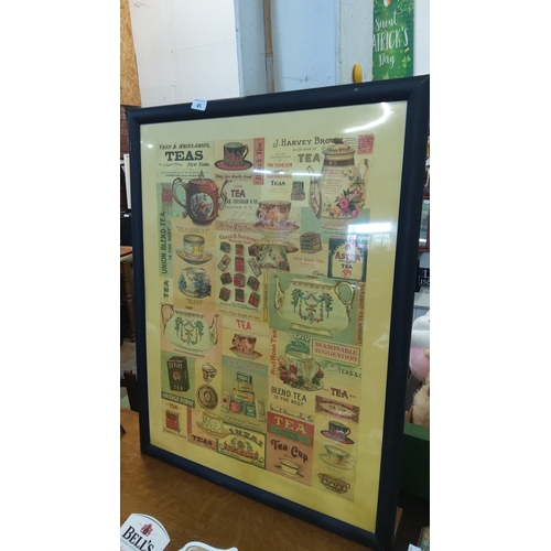 45 - Framed colour lithographic collage poster of tea trade labels and packaging, with teaware vignettes ... 