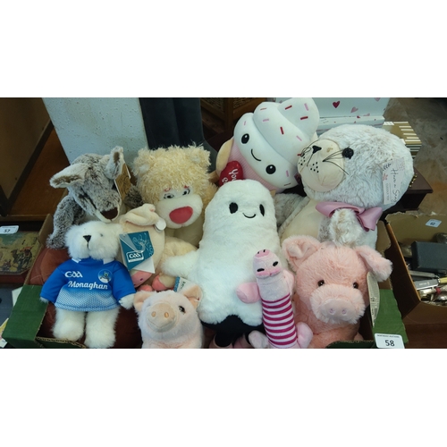 58 - A group of assorted plush toys including a GAA Monaghan teddy bear, a lamb, a grey rabbit, a seal wi... 