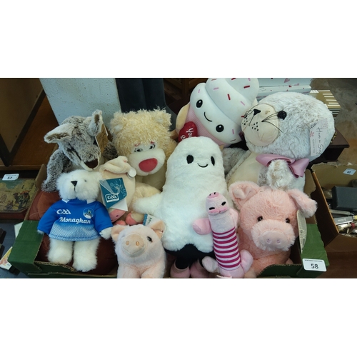 58 - A group of assorted plush toys including a GAA Monaghan teddy bear, a lamb, a grey rabbit, a seal wi... 