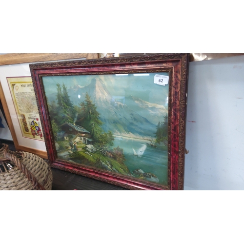 62 - Framed landscape print after a European alpine lakeside scene with chalet, figures, sailboat and ste... 