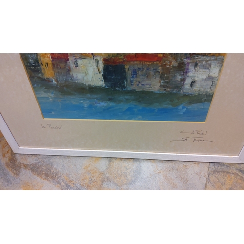 71 - Modern School, mixed media on paper—abstracted harbourfront with ochre blocks above a blue shoreline... 