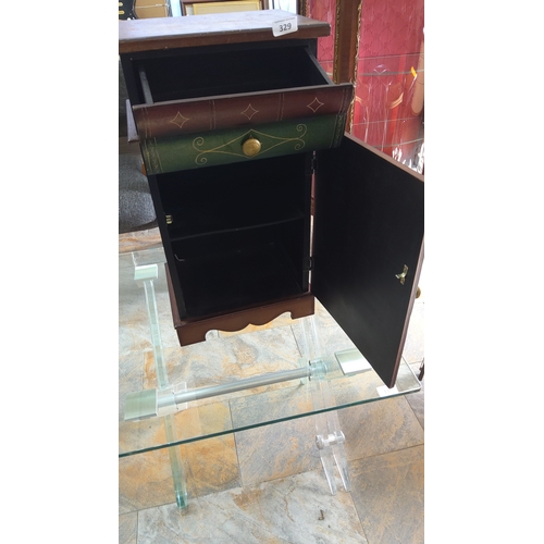 329 - Decorated bedside cabinet, the drawer front with stylised foliate scrolls and quatrefoils, above a s... 