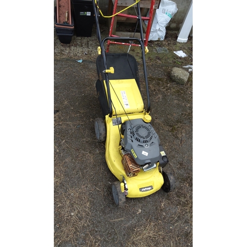 476 - Challenge push lawn mower with petrol engine, yellow pressed-steel deck and black grass box, fitted ... 