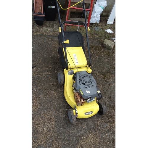 476 - Challenge push lawn mower with petrol engine, yellow pressed-steel deck and black grass box, fitted ... 