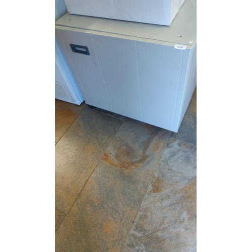 504 - Industrial office cupboard, painted grey, with single hinged door and recessed handle; fitted interi... 