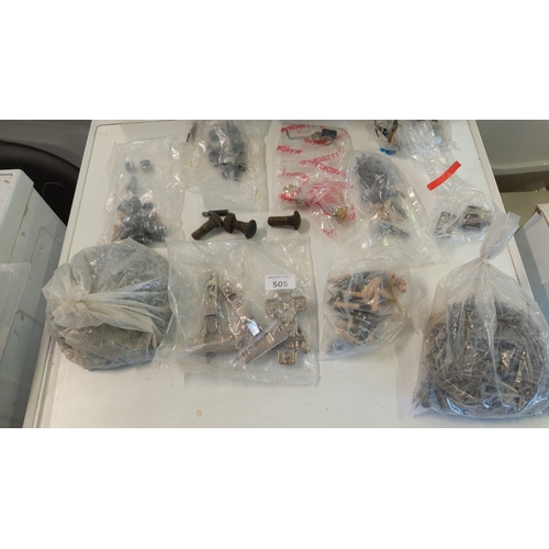 505 - An assortment of hardware fittings and fasteners comprising bagged nuts, bolts, screws and assorted ... 