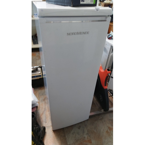 508 - NordMende freestanding full length larder refrigerator in white enamelled metal, with flush door and... 