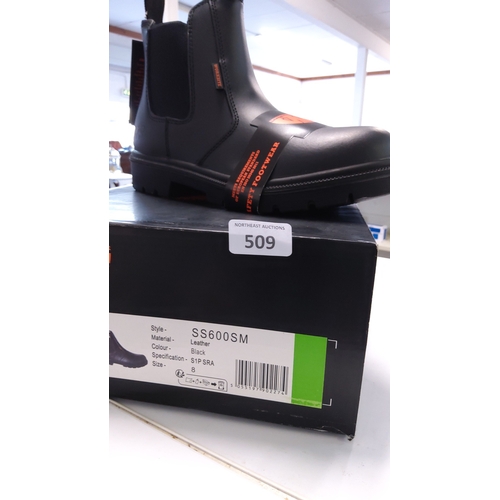 509 - “Southern Cross” slip-on safety boot in black leather, elastic gussets and pull tabs, on a moulded r... 