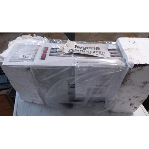 513 - Hygena plinth heater, model number HVM 1403, in white moulded casing with twin rocker controls and l... 
