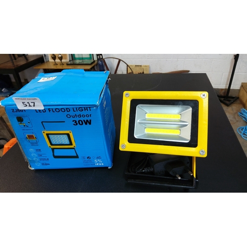 517 - Portable outdoor LED flood light, model ZJ601, 30W—yellow metal housing with twin COB strips behind ... 