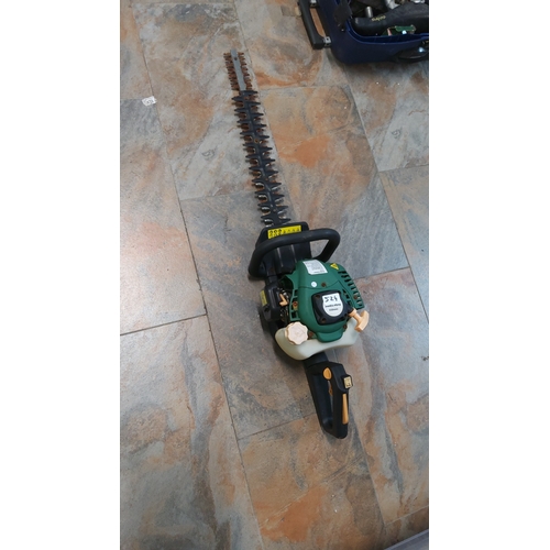 524 - Petrol hedge trimmer with green and black housing, recoil starter, wraparound front handle, and doub... 