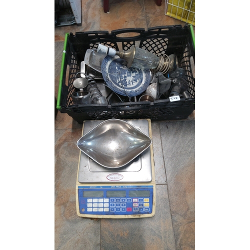 525 - A mixed group of domestic wares including ,scales,blue-and-white transfer-printed ceramics, glass tu... 