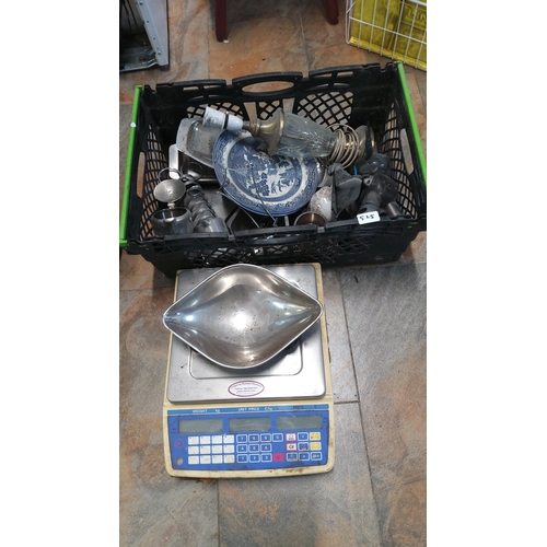 525 - A mixed group of domestic wares including ,scales,blue-and-white transfer-printed ceramics, glass tu... 