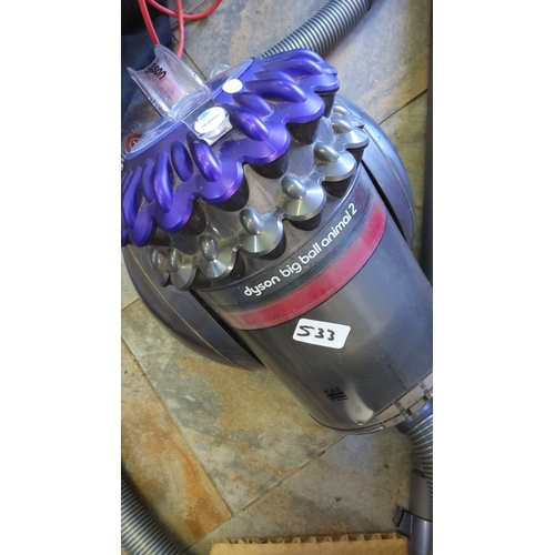 533 - Dyson Big Ball Animal 2 canister vacuum cleaner, the grey and purple cyclone unit with clear dust bi... 