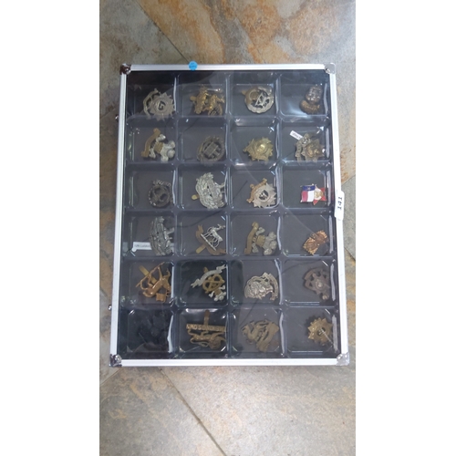 A collection of military cap badges and insignia in brass, white metal ...