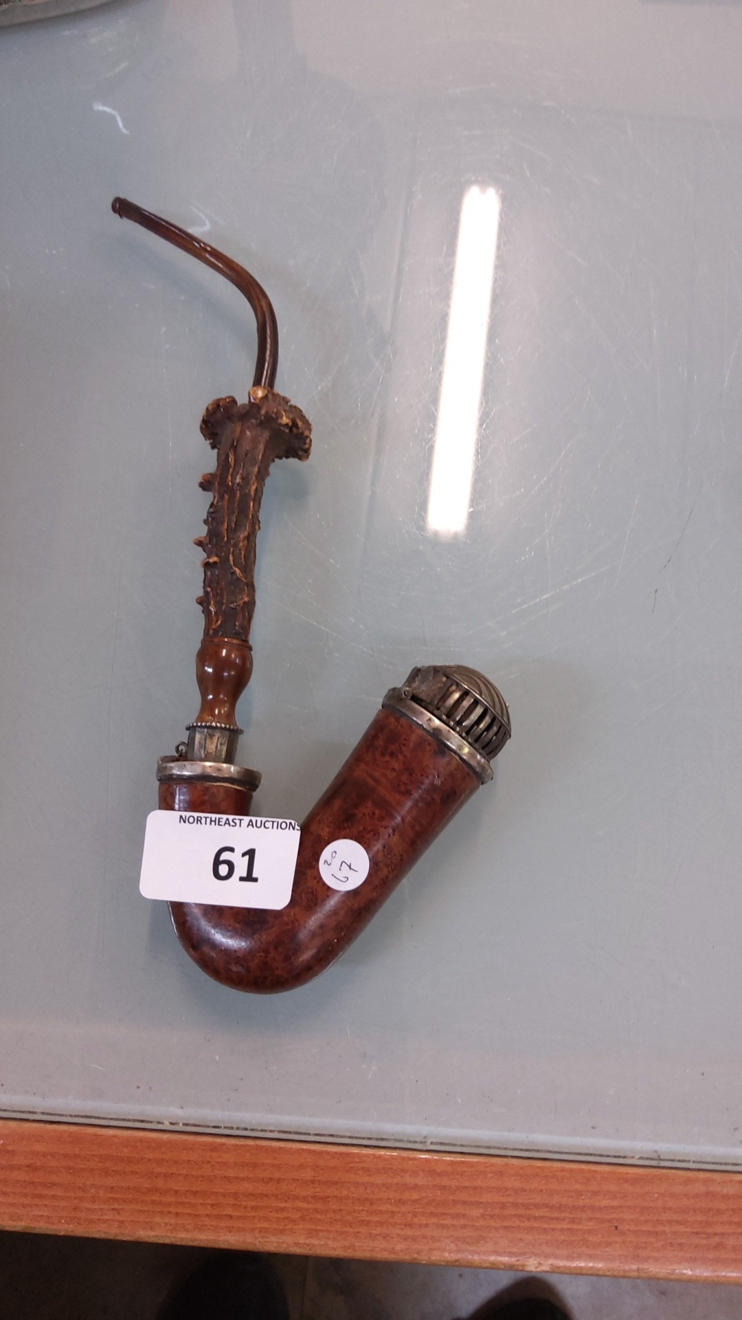 Hunting tobacco pipe with a burlwood bowl and reservoir, antler stem ...