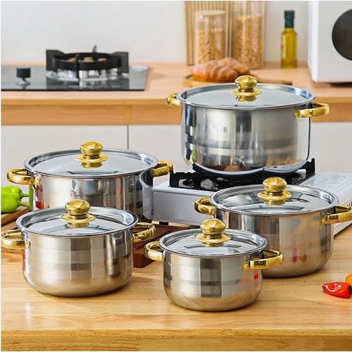5 Piece Stainless Steel Cookware Saucepan Set Pan Pot Kitchen Cooking, excellent in box. UK P&P available