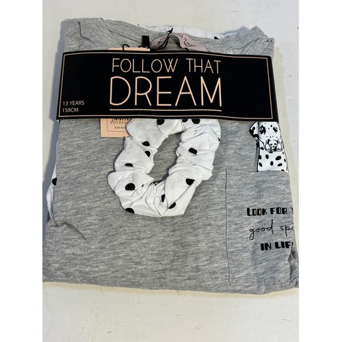 Girls Jersey pocket top with Dalmatian print pyjama sets and matching scrunchie, age 13yrs, grey print,
 13 sets,   UK P&P available