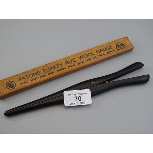 Intriguing PATONS TURKEY RUG WOOL GAUGE along with a Wooden Glove Stretcher (C19)